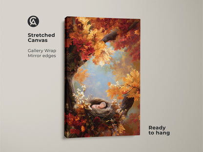 Stretched canvas art featuring a sleeping baby in a nest. It is set within an autumn tree with colorful leaves. Gallery wrapped with mirrored edges this artwork is ready to hang. This beautiful piece is perfect for a nursery.