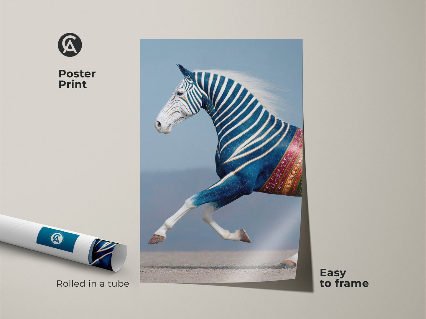 Poster Print of a Fantasy Horse Artwork. This surreal animal wall art showcases an indigo zebra horse. Rolled in a tube it's easy to frame. This blue white animal decor brings an eclectic touch to any space. A unique home decor print and a thoughtful gift for animal lovers.