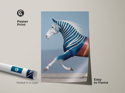 Poster Print of a Fantasy Horse Artwork. This surreal animal wall art showcases an indigo zebra horse. Rolled in a tube it's easy to frame. This blue white animal decor brings an eclectic touch to any space. A unique home decor print and a thoughtful gift for animal lovers.