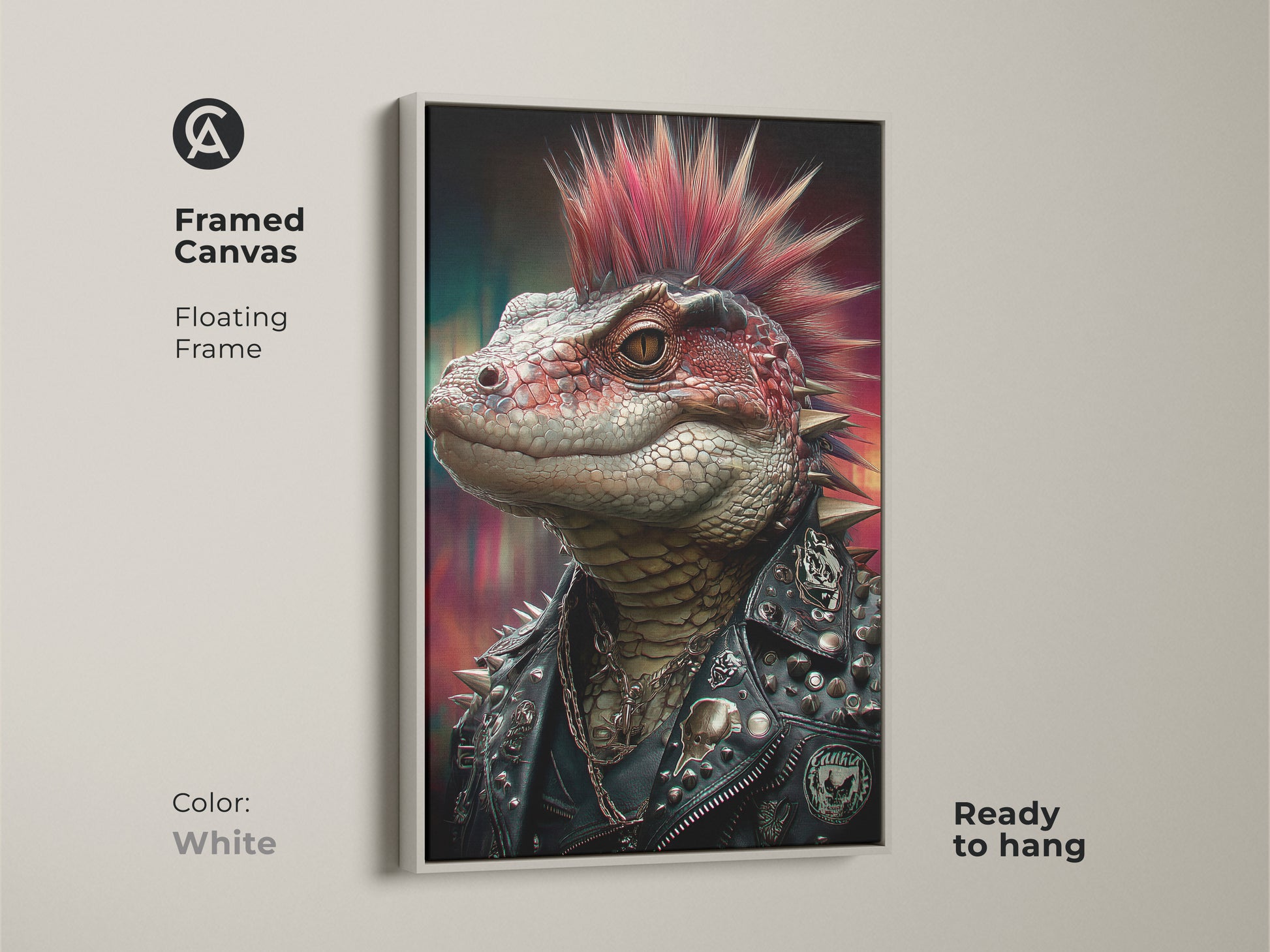 A framed canvas shows a punk rock lizard. White floating frame complements the gothic reptile art. The spiked jacket wall decor adds a modern touch. This alternative punk art is easy to hang. This red mohawk reptile decor will enhance your living space.
