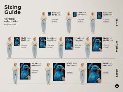 Sizing guide for the vertical orientation artwork. Available in small medium and large sizes. The surreal peacock art in electric blue is offered as canvas and poster print. Find the perfect fit for your eclectic home decor.