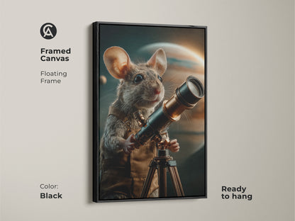 Framed canvas with floating frame of a space exploring mouse. The black frame enhances earthy brown gold and teal art. This stargazer gift is ready to hang in an office or study room. Animal astronaut decor brings a touch of sophistication to your space.