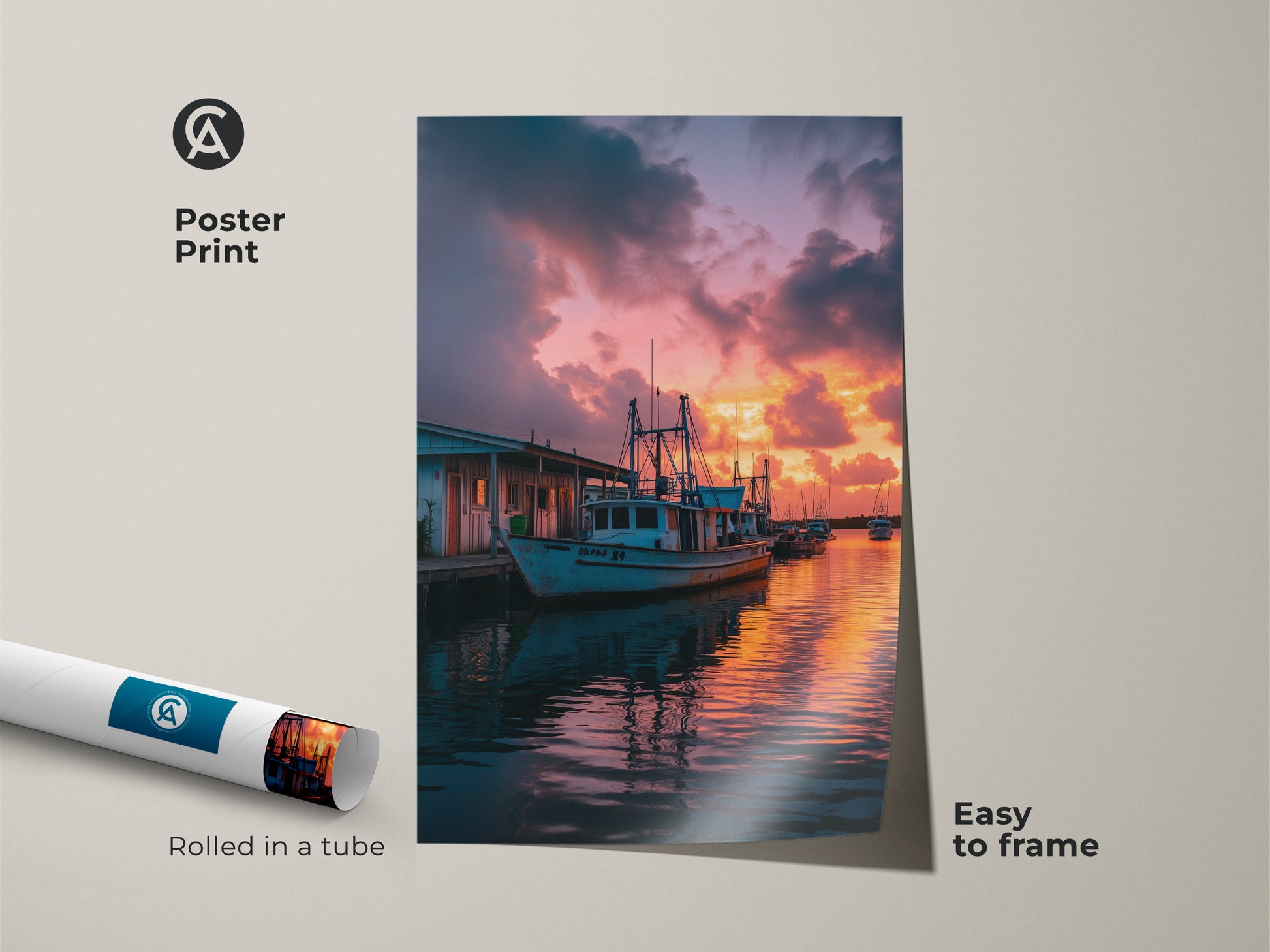 Coastal sunset poster print featuring a fishing boat docked at a marina. The artwork is easy to frame and adds a touch of summer to any room. Rolled in a tube for protection. This nautical themed canvas is a perfect gift for beach lovers.