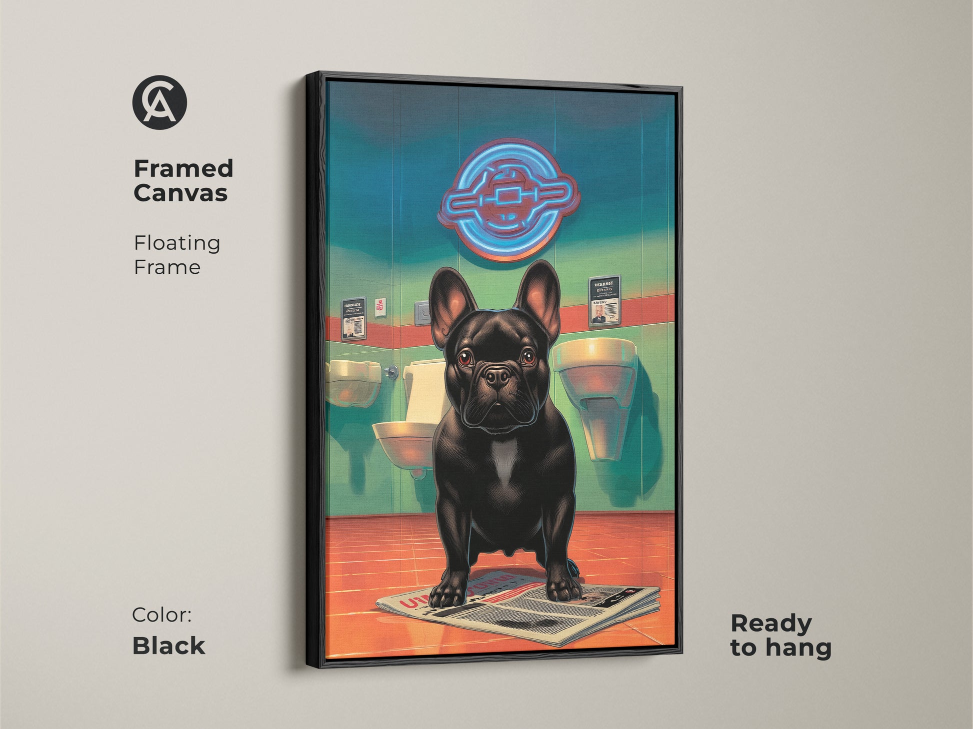 Framed canvas art of a black French Bulldog in a bathroom. This floating frame is ready to hang in black color. The unique animal wall decor brings a touch of humor and style to your space. A great gift for dog lovers.