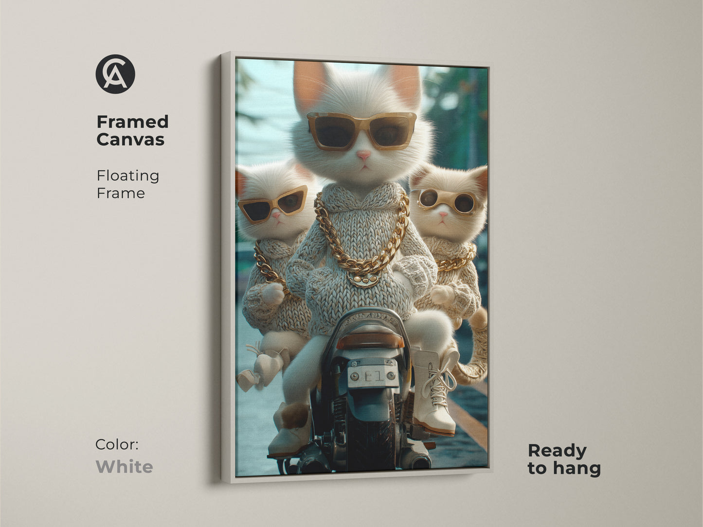 A framed canvas with a floating frame in white. The artwork features three stylish cats on a motorcycle. The cats are wearing sunglasses and gold chains. This ready-to-hang art piece adds a fun element to your living space. Perfect for modern cat lovers.