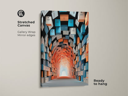 Stretched canvas art showing an abstract tunnel made of orange teal and blue boxes. This conceptual art print has gallery wrapped mirror edges. This contemporary artwork is ready to hang and will enhance any modern office or home. It's a great housewarming gift for an art collector.