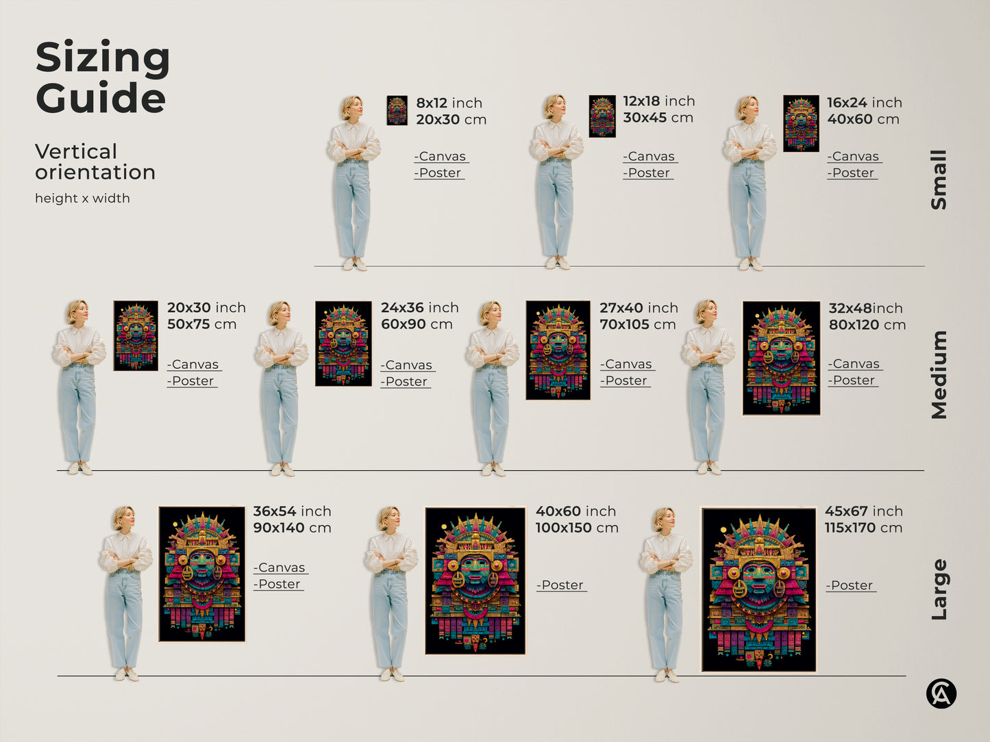 Sizing guide for Mayan mask art prints. Visualize vertical orientation height and width in various sizes. Available as canvas or poster prints. Find the perfect fit for your wall decor with our detailed size chart.