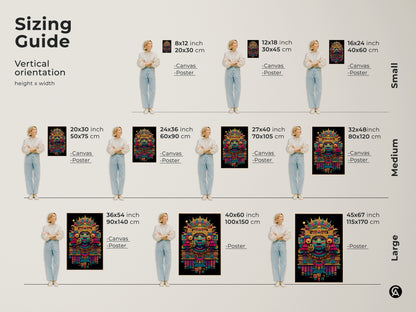 Sizing guide for Mayan mask art prints. Visualize vertical orientation height and width in various sizes. Available as canvas or poster prints. Find the perfect fit for your wall decor with our detailed size chart.