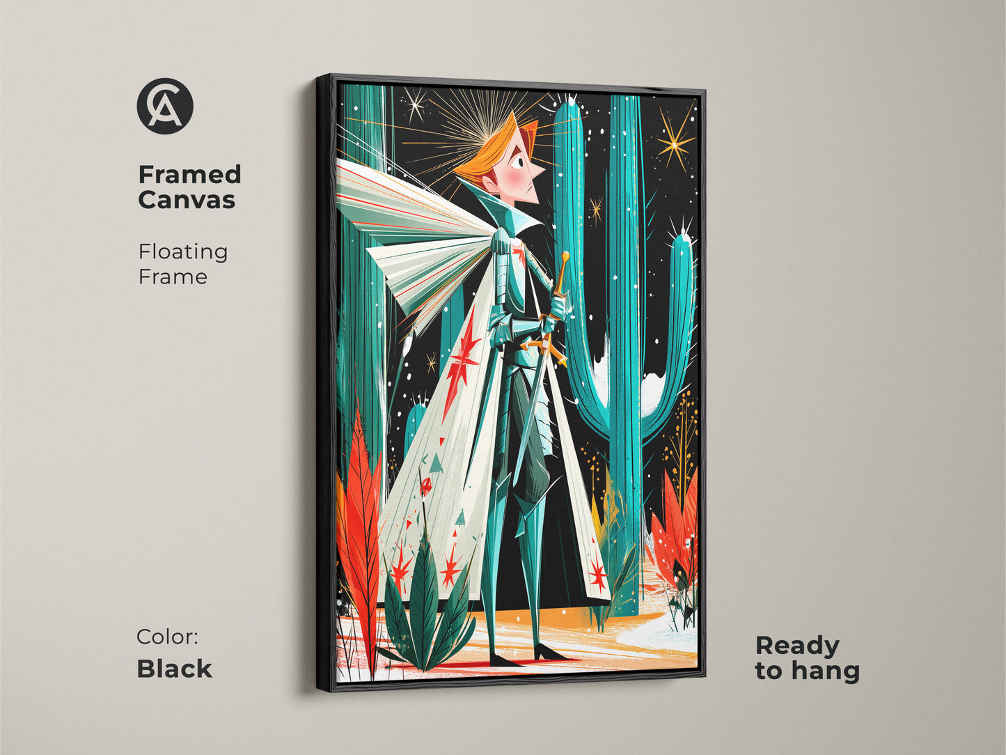 A framed canvas in a floating black frame showing fantasy knight art. It blends retro desert style with a mid-century modern aesthetic in teal orange and green. Ready to hang in any living space.