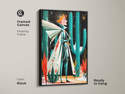 A framed canvas in a floating black frame showing fantasy knight art. It blends retro desert style with a mid-century modern aesthetic in teal orange and green. Ready to hang in any living space.