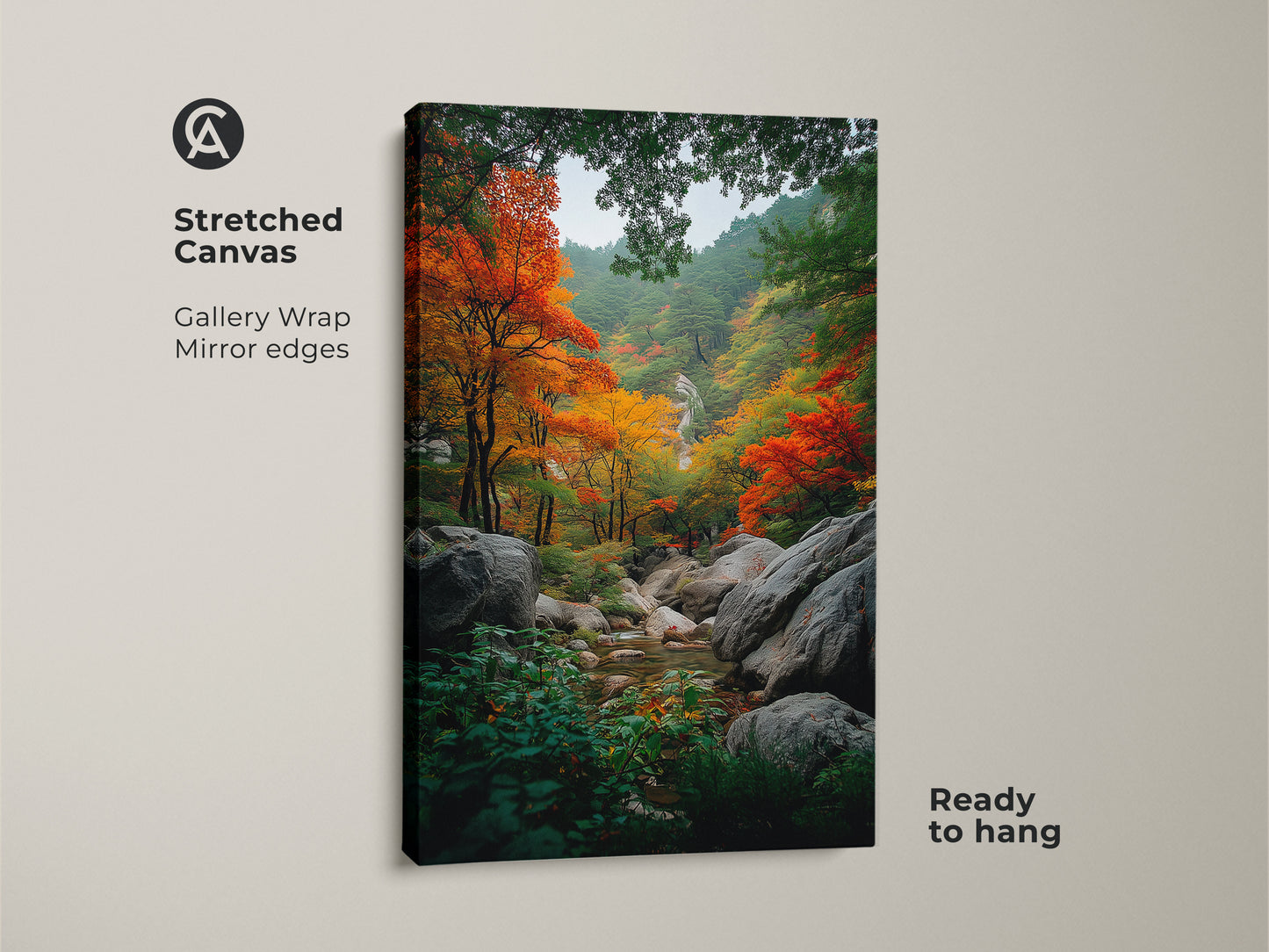 Stretched canvas gallery wrap art. Mirror edges enhance the autumn forest artwork. The vibrant fall foliage art captures nature's beauty. Trees with orange and red leaves create a picturesque scene. Ready to hang and admire!