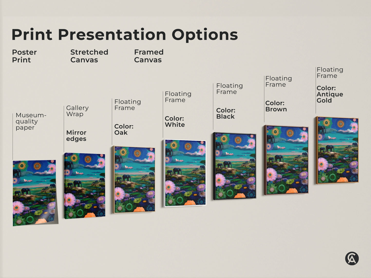 Print presentation options. Poster print on museum-quality paper. Stretched canvas with gallery wrap and mirror edges. Framed canvas with floating frame in oak white black brown antique gold.