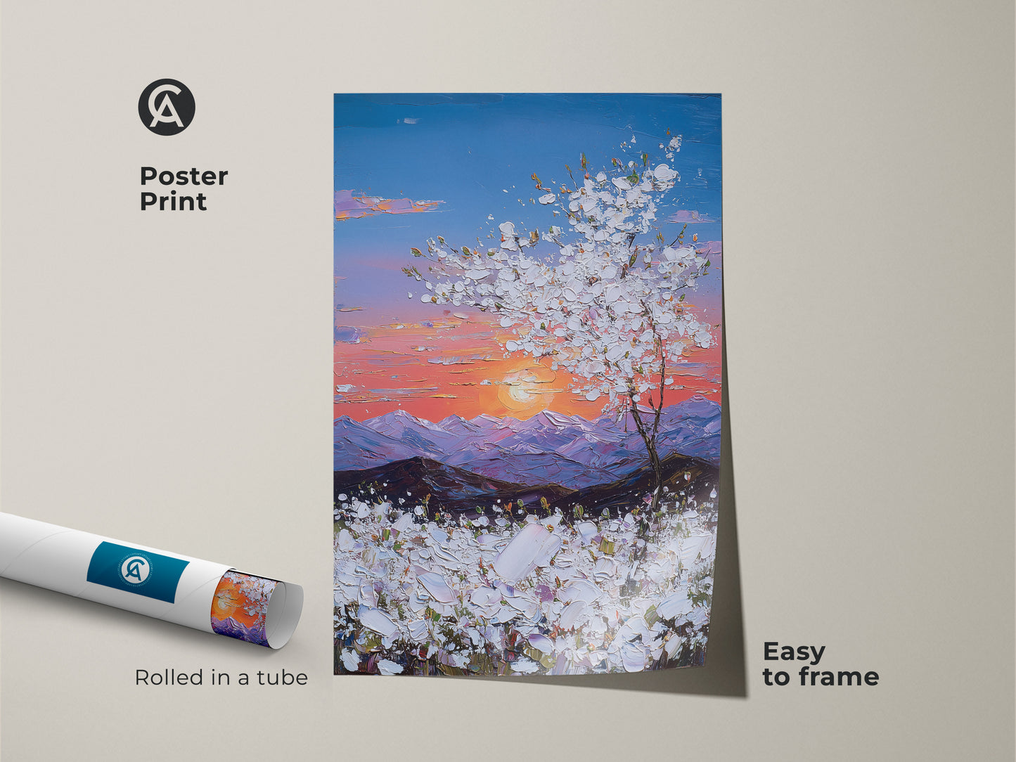 Poster print of a sunset landscape. The blue pink orange tree artwork is rolled in a tube. Easy to frame this floral field wall art. A great nature lover housewarming gift.