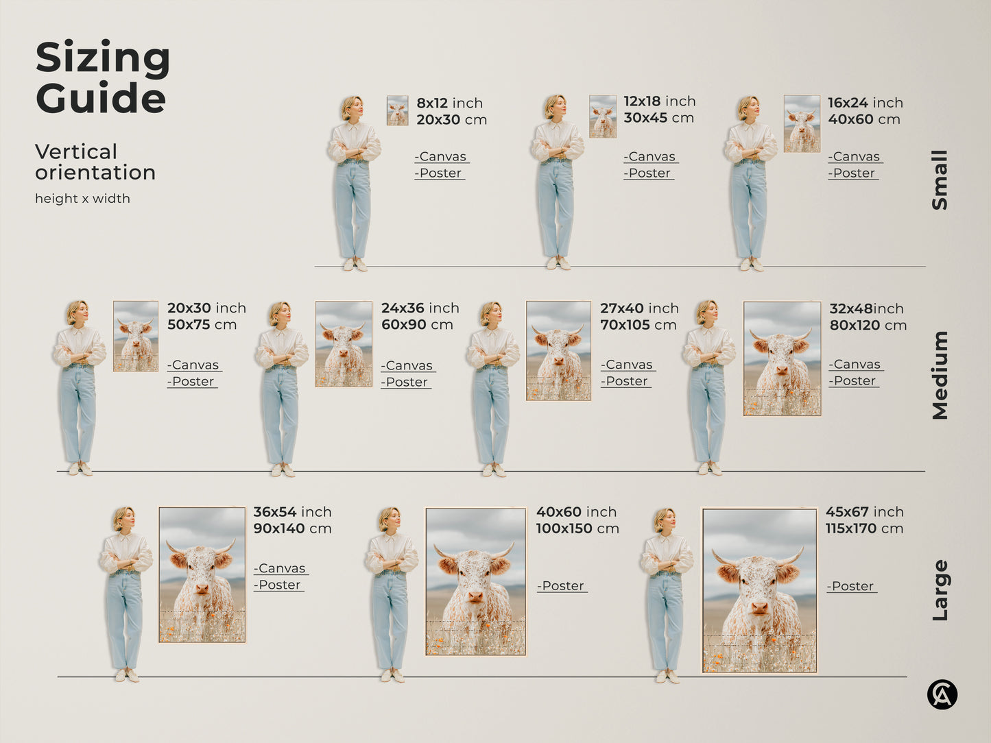 Sizing guide for vertical longhorn art prints. Available as canvas or poster in small medium and large sizes. The artwork features a white and brown speckled cow. Consider the size that best fits your space and style.