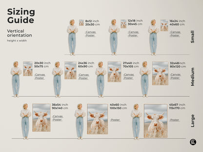 Sizing guide for vertical longhorn art prints. Available as canvas or poster in small medium and large sizes. The artwork features a white and brown speckled cow. Consider the size that best fits your space and style.