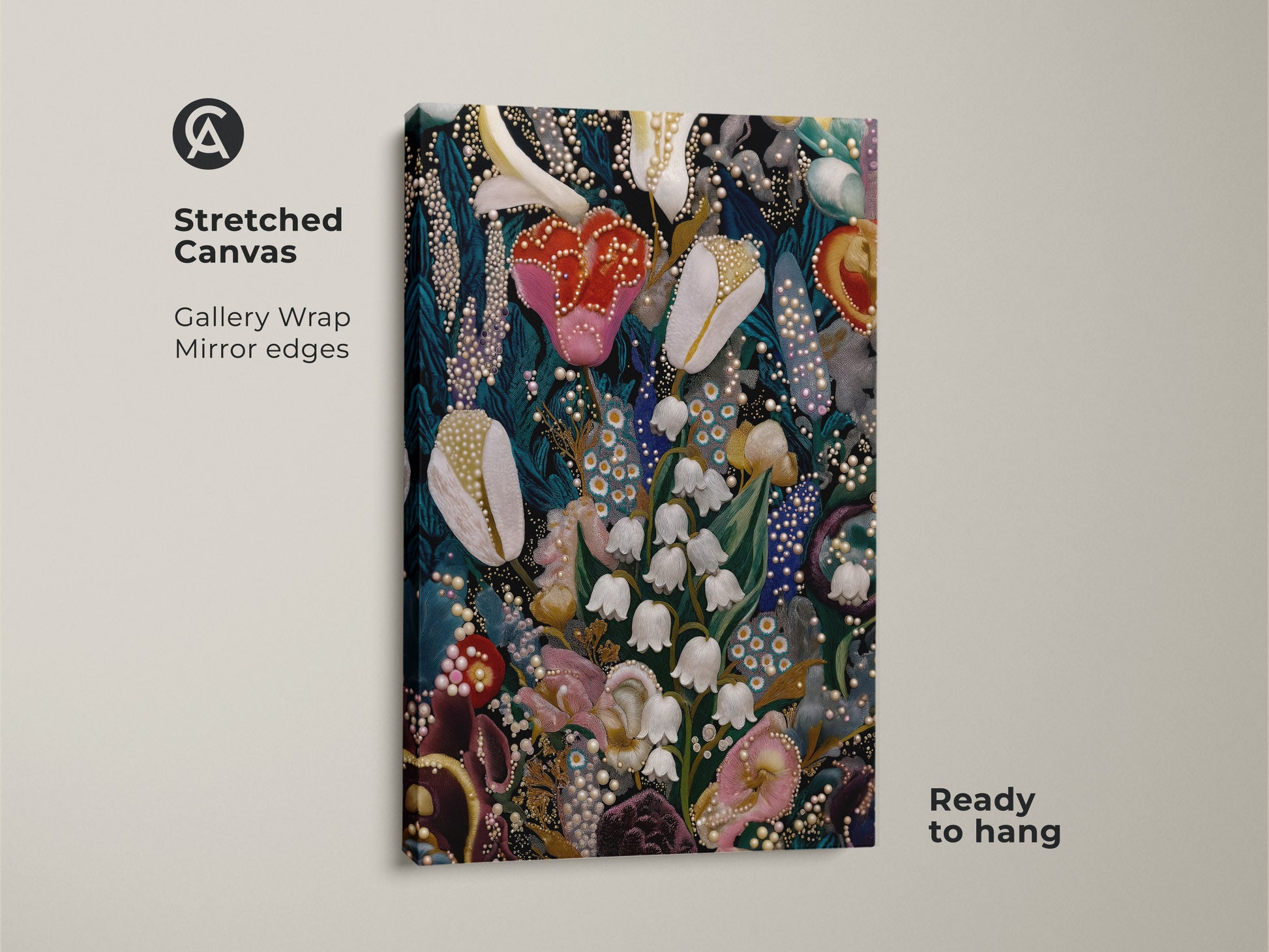Stretched Canvas print of Lily of the Valley and Tulips botanical artwork. This gallery wrapped canvas features mirror edges and is ready to hang. The deep green pink and teal art brings nature indoors. This floral print is perfect for eclectic home decor and plant lovers alike. A unique gift option.