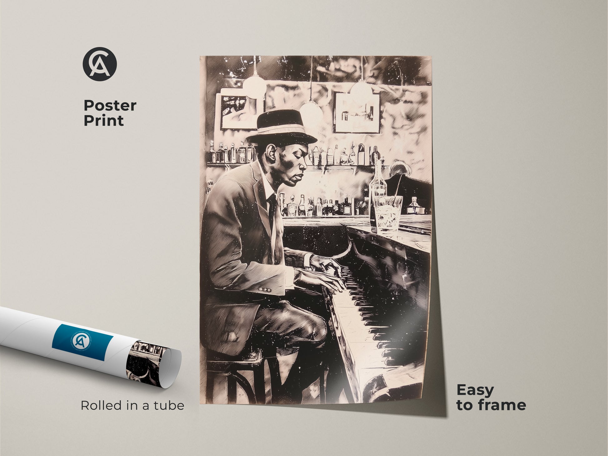 A poster print displays a monochrome artwork of a man playing piano at a bar. Rolled in a tube for easy framing this musical wall art is a great choice. Add a touch of jazz to your home decor with this stylish and easy-to-frame piano art print. Get yours today