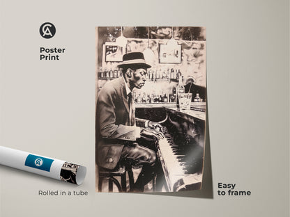 A poster print displays a monochrome artwork of a man playing piano at a bar. Rolled in a tube for easy framing this musical wall art is a great choice. Add a touch of jazz to your home decor with this stylish and easy-to-frame piano art print. Get yours today