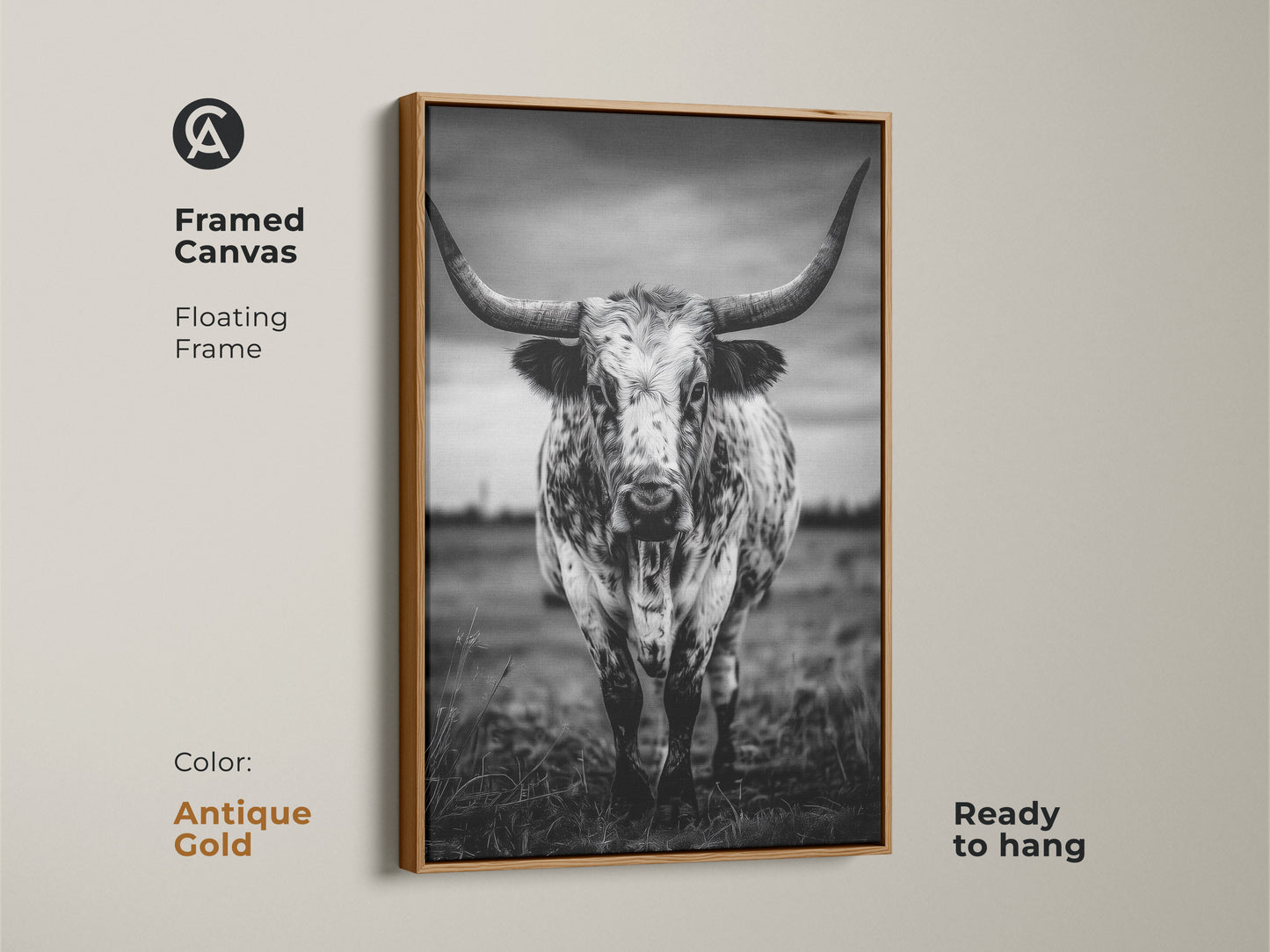 Framed canvas featuring a black and white Texas Longhorn in a floating antique gold frame. This ready-to-hang animal portrait canvas adds character to entryways living rooms or home offices. The rustic ranch decor complements farmhouse or minimalist interiors. It brings a touch of the wild west to any residential space making it an excellent housewarming gift.