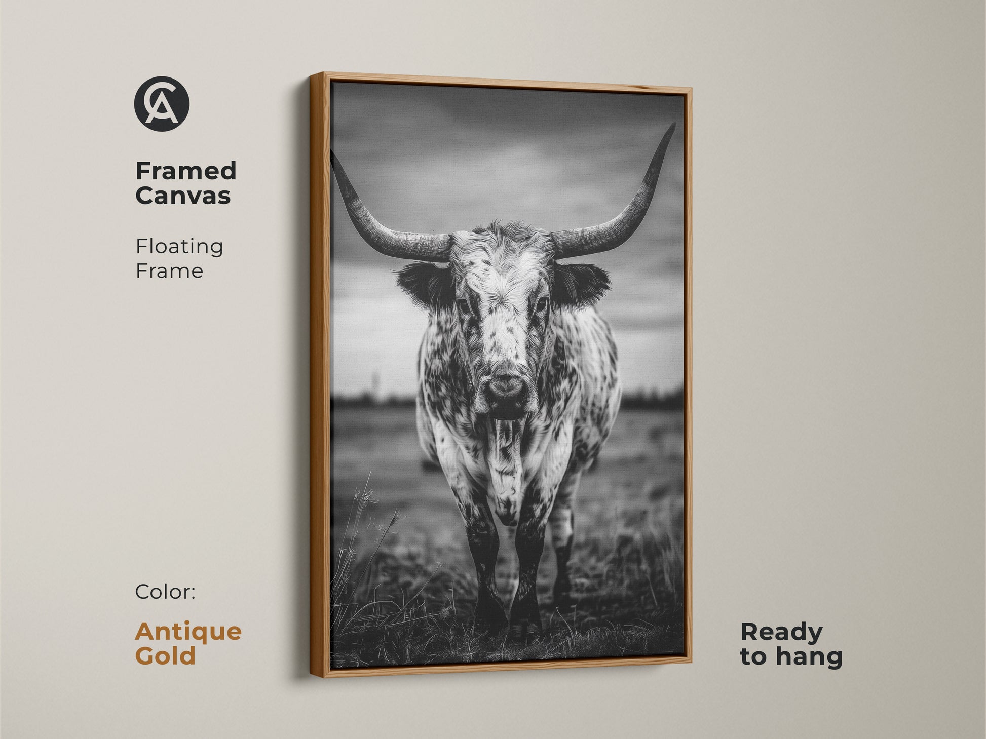 Framed canvas featuring a black and white Texas Longhorn in a floating antique gold frame. This ready-to-hang animal portrait canvas adds character to entryways living rooms or home offices. The rustic ranch decor complements farmhouse or minimalist interiors. It brings a touch of the wild west to any residential space making it an excellent housewarming gift.