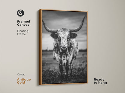 Framed canvas featuring a black and white Texas Longhorn in a floating antique gold frame. This ready-to-hang animal portrait canvas adds character to entryways living rooms or home offices. The rustic ranch decor complements farmhouse or minimalist interiors. It brings a touch of the wild west to any residential space making it an excellent housewarming gift.