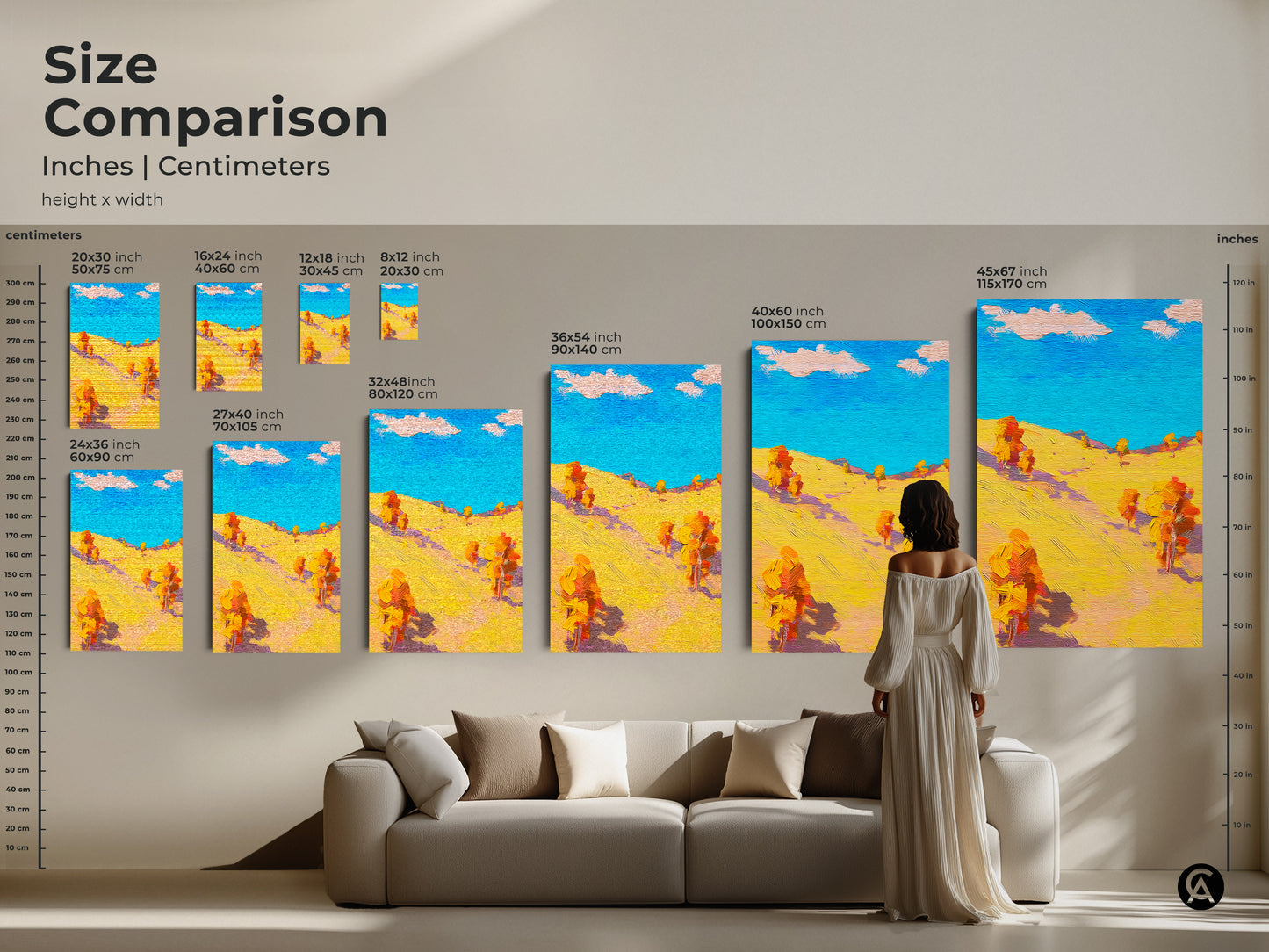 Compare sizes of this abstract landscape canvas art. See how each piece fits above a couch with a size comparison. Find the ideal scale for your home office artwork or bedroom wall art. This colorful nature art is perfect for any space.