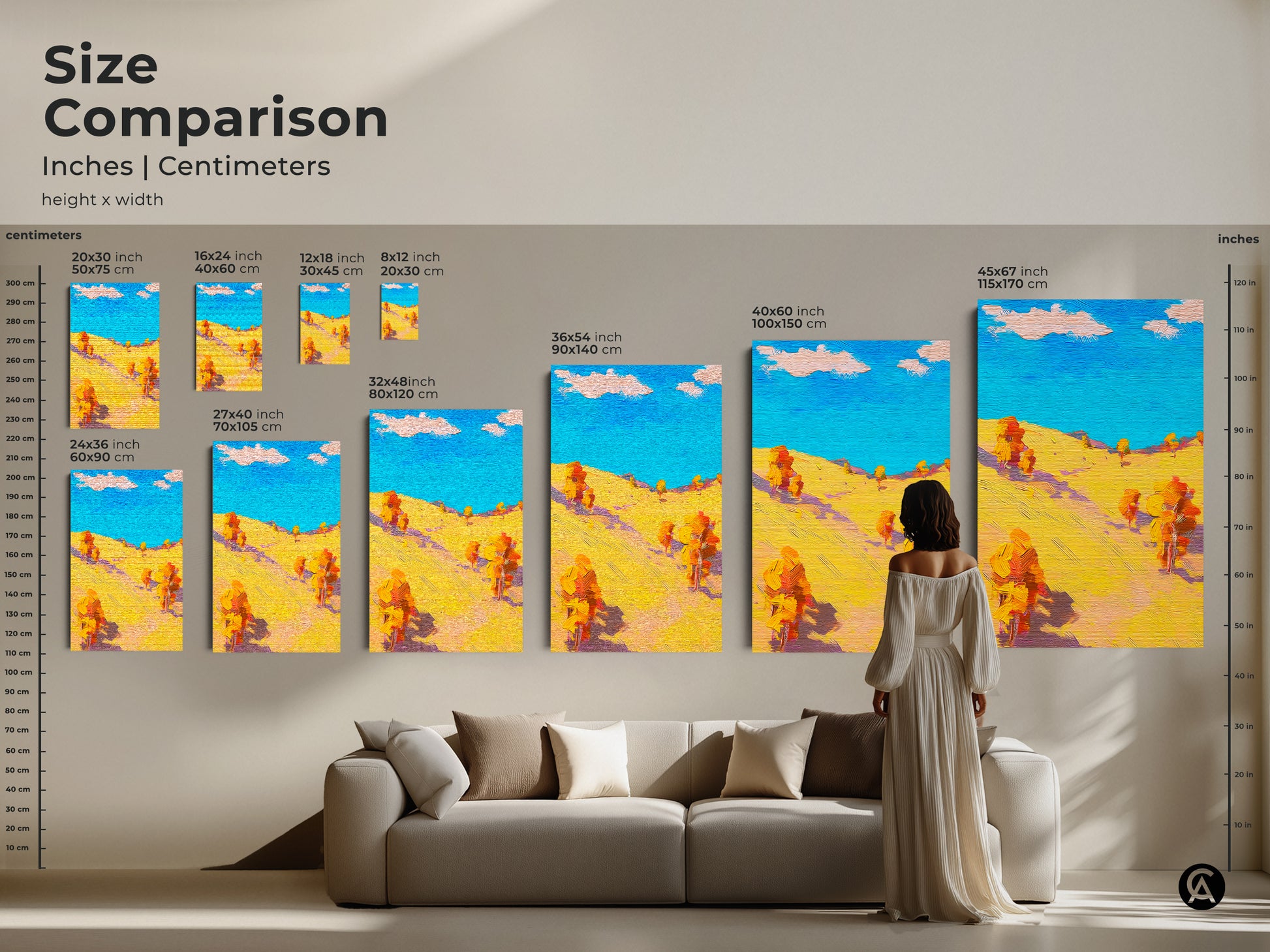 Compare sizes of this abstract landscape canvas art. See how each piece fits above a couch with a size comparison. Find the ideal scale for your home office artwork or bedroom wall art. This colorful nature art is perfect for any space.