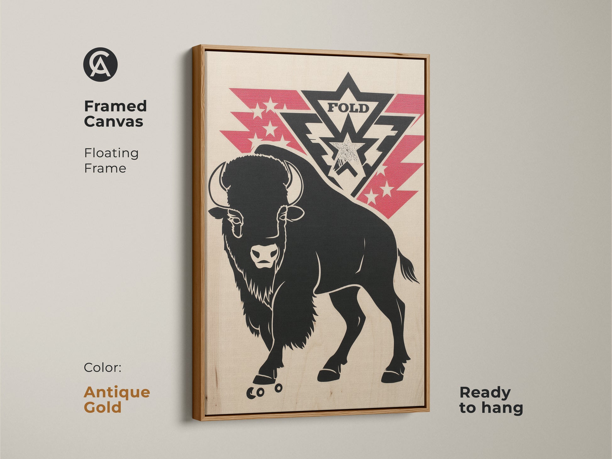 Black bison and retro stars artwork framed in antique gold. The canvas has a floating frame. This ready-to-hang wildlife print adds a touch of Americana style. Perfect for lodge-style or western decor.