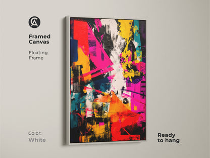 Framed canvas art featuring a white floating frame. This abstract painting is a colorful statement piece. Ready to hang and easy to install. The frame complements the artwork. Perfect for modern and contemporary spaces.