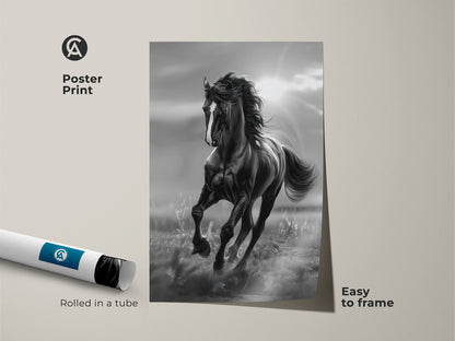 A black and white horse poster print arrives rolled in a tube. The horse artwork is easy to frame. The majestic animal is galloping. This museum-quality paper print adds elegance to your space. Perfect for horse lovers.