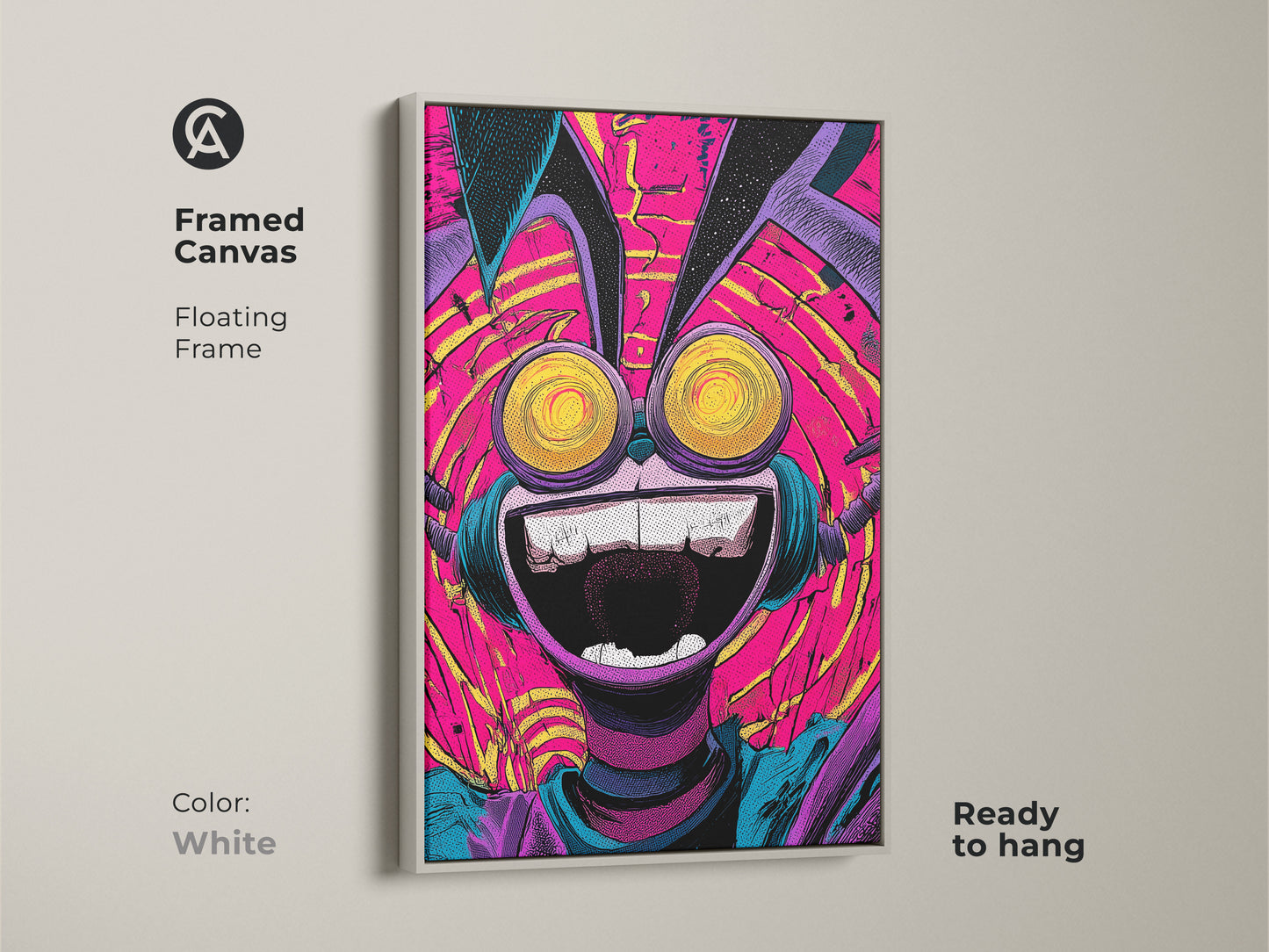 Framed canvas showcasing a quirky character artwork. The floating frame enhances the artwork's visual appeal. This art is ready to hang and enjoy. The white frame complements the vivid colors of the art beautifully