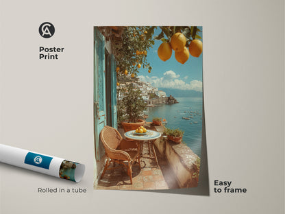 Poster print of Mediterranean lemon artwork. This coastal villa art shows a balcony with lemons overlooking a coastal town. The print is rolled in a tube and easy to frame. Perfect travel-inspired wall art for a housewarming gift. The yellow orange blue landscape art brings summer vacation vibes to your dining room.