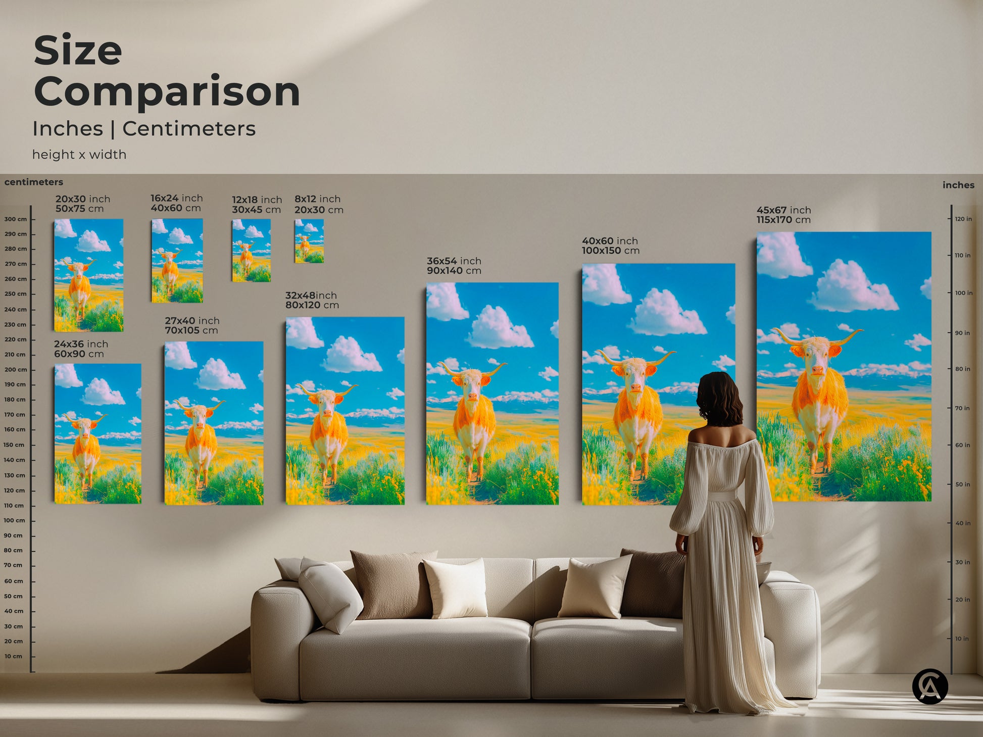 Size comparison of Longhorn cow artwork in inches and centimeters. See how different sizes fit above a sofa. Ranging from small to extra-large options. Choose the ideal size for your wall decor.