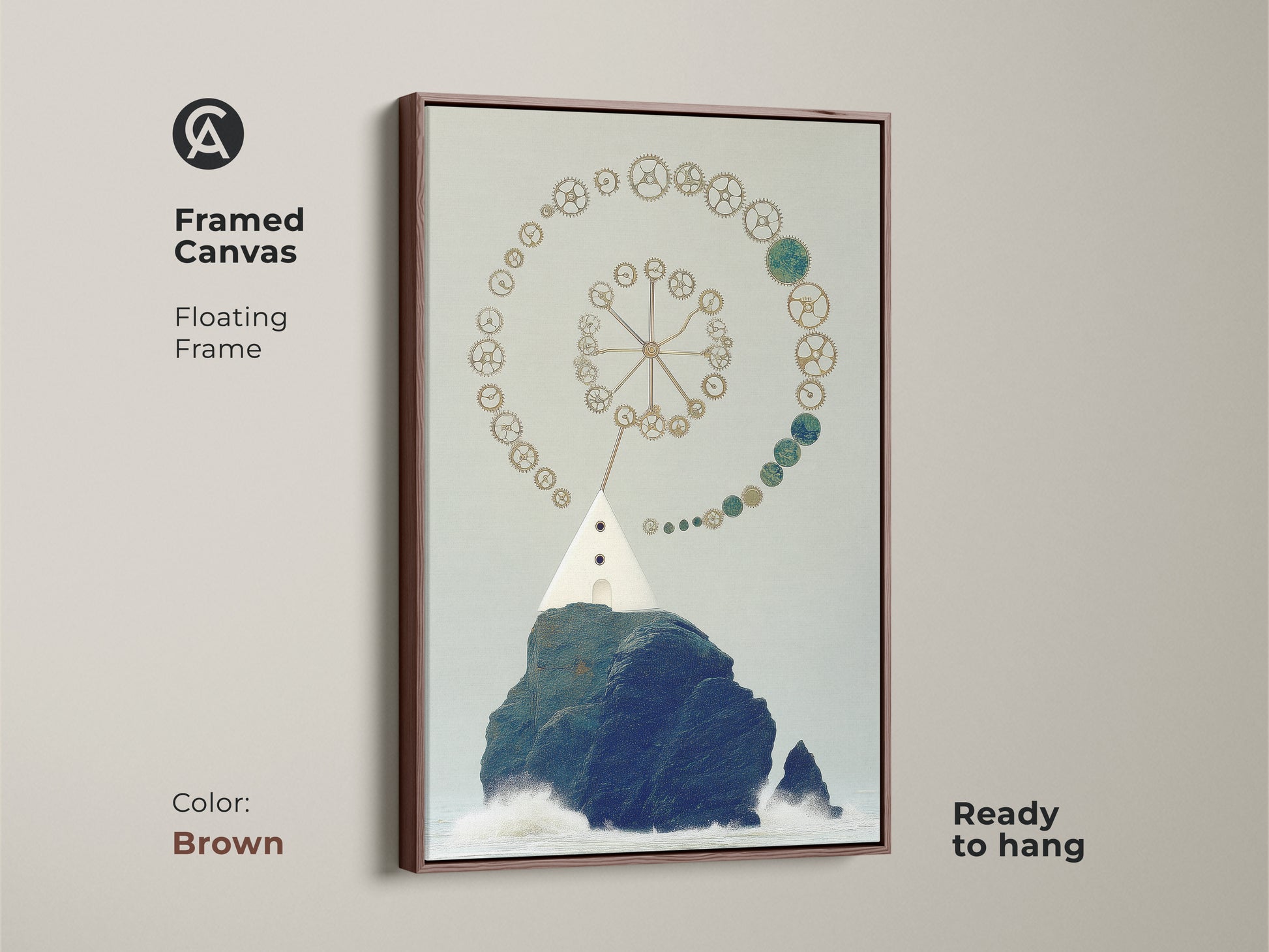 A steampunk lighthouse framed canvas in brown. Surreal nautical art in navy gold teal. The floating frame adds elegance to this unique piece. It's ready to hang. The artwork will be an ideal housewarming gift for him.