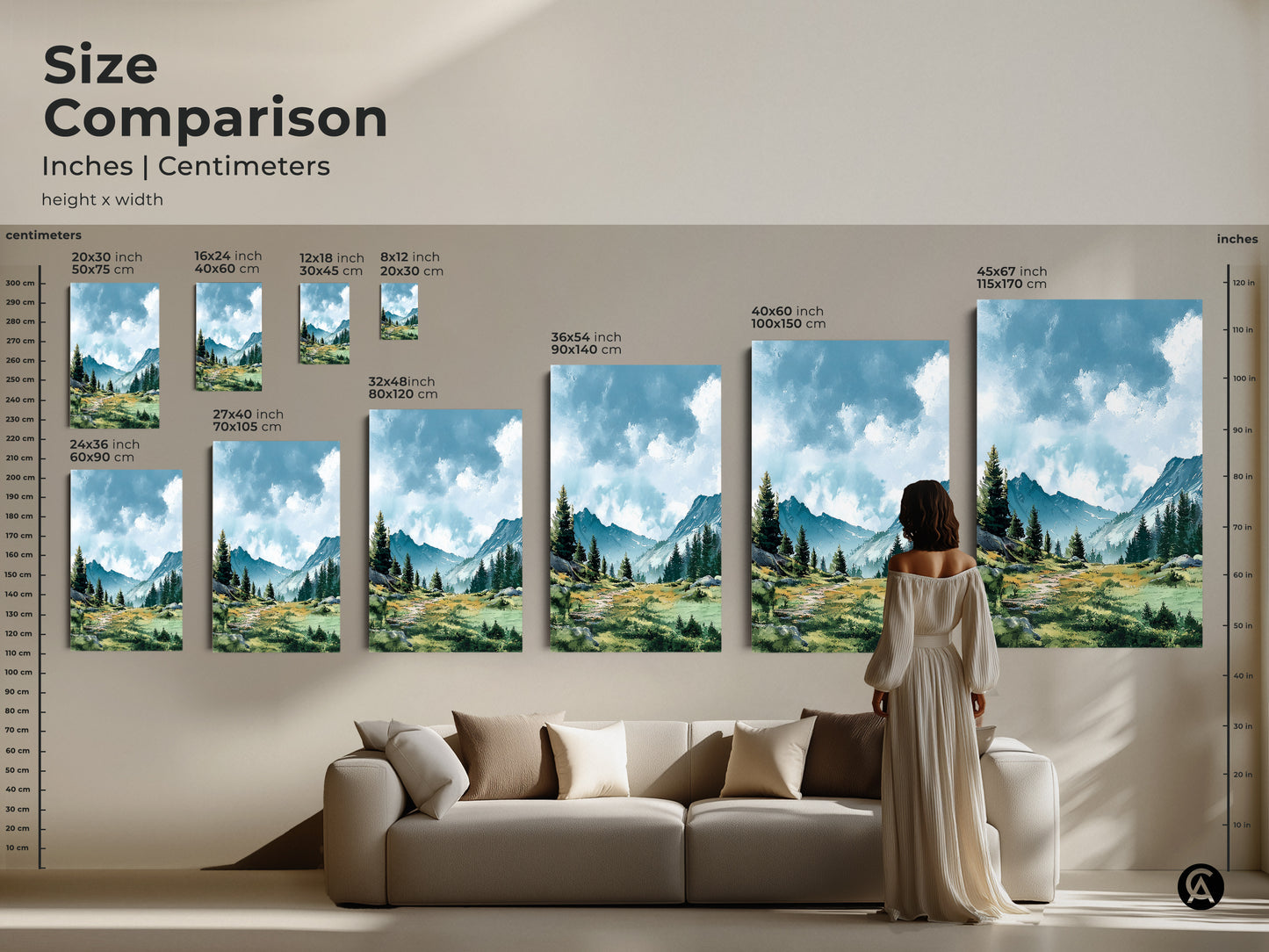 Compare sizes of mountain landscape art in inches and centimeters. Options range from small to large sizes. See how the artwork fits in a living room setting. Find the perfect size to enhance your home decor with stunning mountain views.