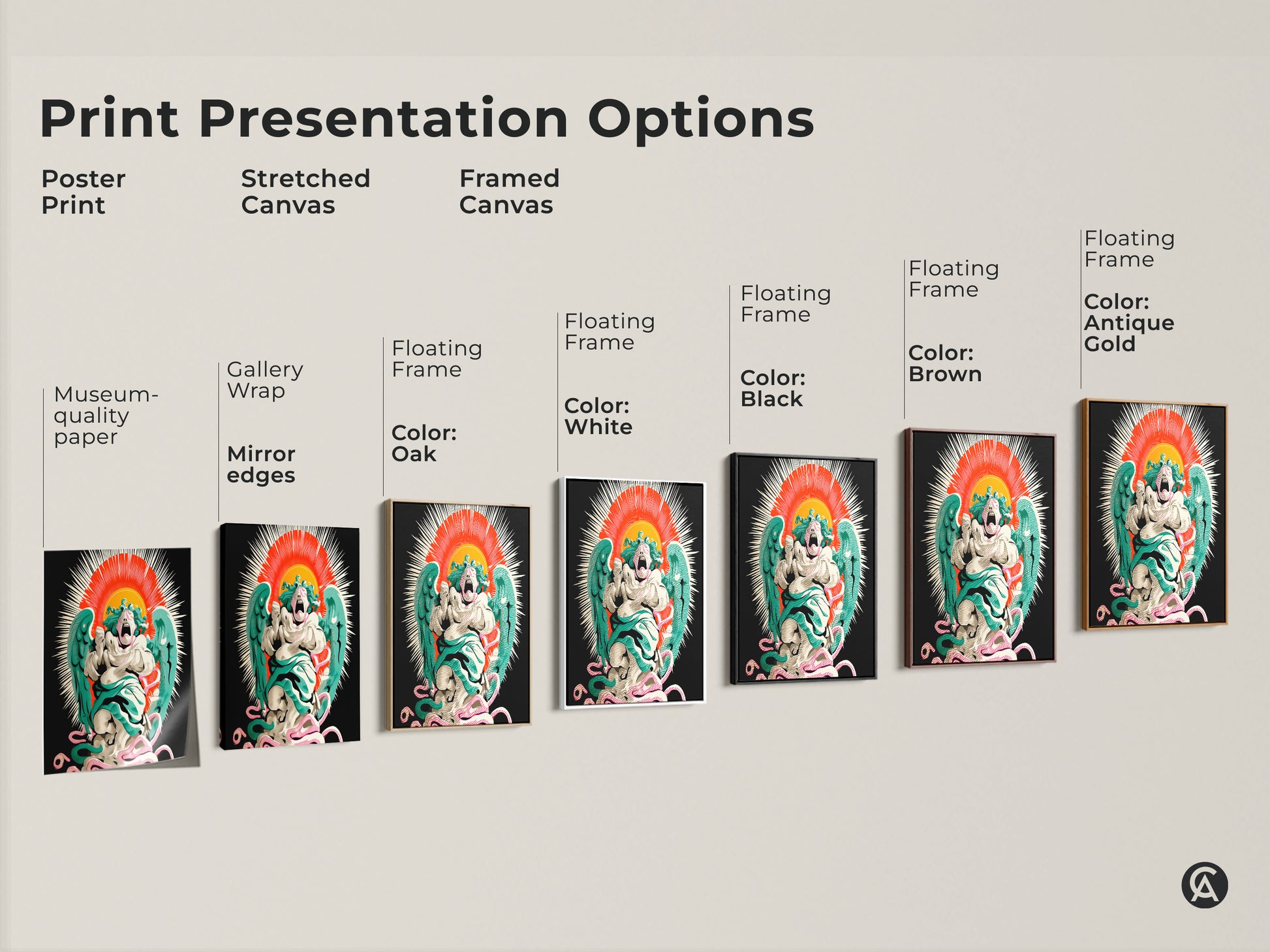Sizing guide shows the screaming angel artwork. Vertical orientation from small to large. Available in canvas and poster options. Various sizes displayed with a model for scale. Perfect for creating an eclectic gallery wall or statement piece.