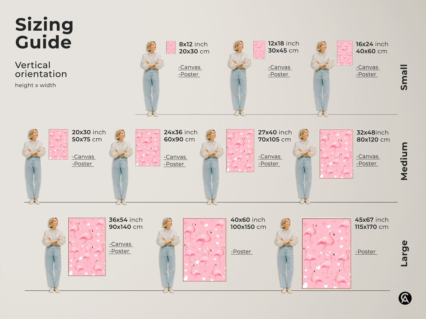 Sizing guide for pink flamingo artwork. Available as canvas or poster in various sizes. The cute heart pattern and tropical bird elements make it ideal for nursery decor. Vertical orientation shown for easy selection.