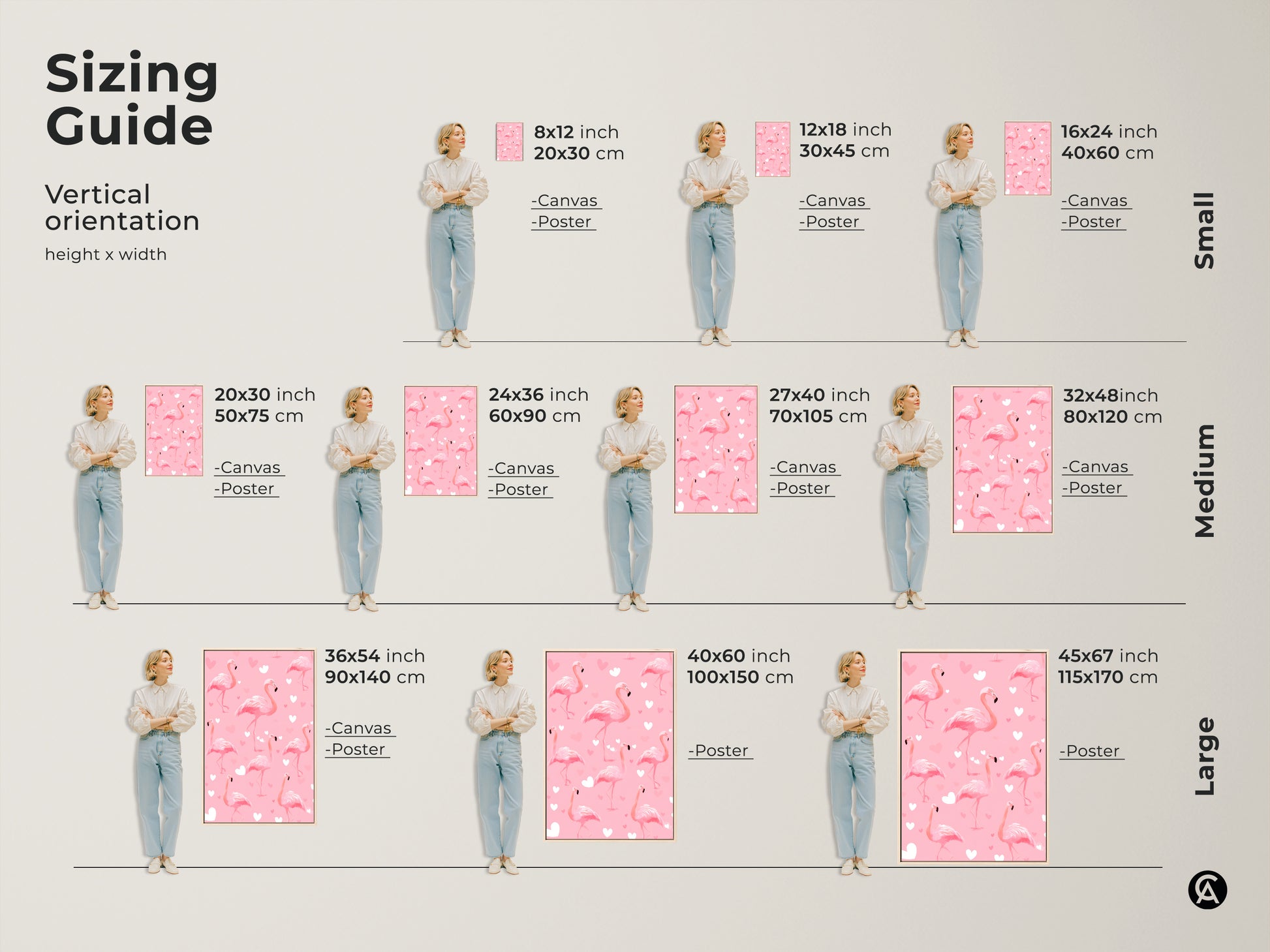 Sizing guide for pink flamingo artwork. Available as canvas or poster in various sizes. The cute heart pattern and tropical bird elements make it ideal for nursery decor. Vertical orientation shown for easy selection.