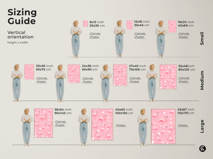 Sizing guide for pink flamingo artwork. Available as canvas or poster in various sizes. The cute heart pattern and tropical bird elements make it ideal for nursery decor. Vertical orientation shown for easy selection.