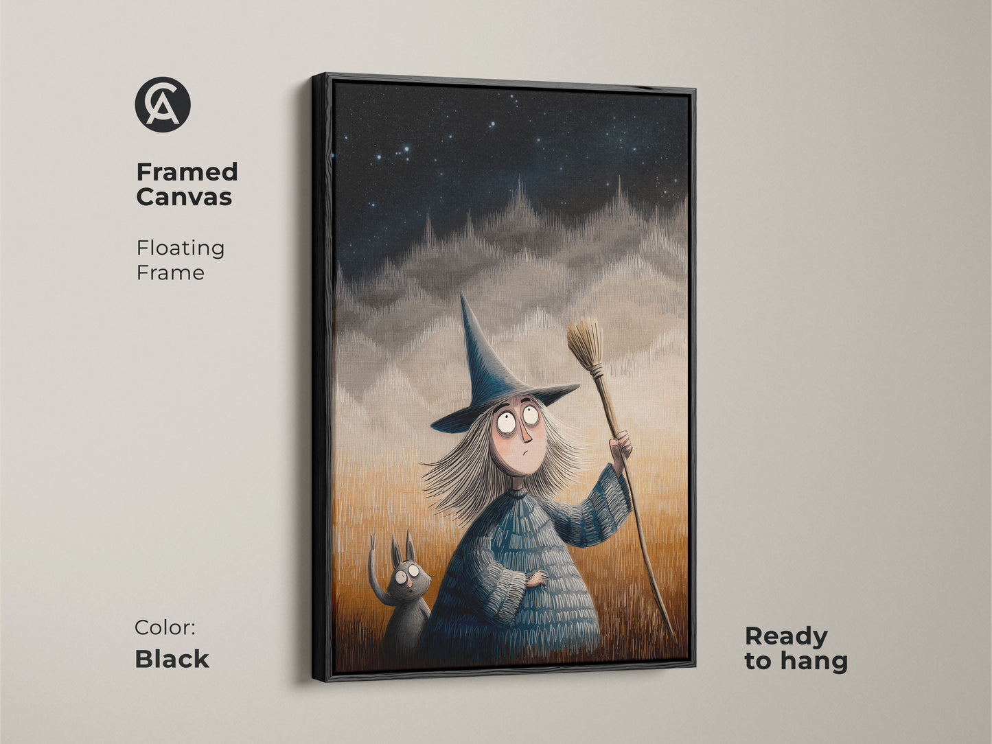 Black framed canvas of a whimsical witch and cat art. Floating frame spooky cute illustration is ready to hang. Perfect Halloween themed decor for a kids room. Fantasy artwork brings magic to eclectic homes.