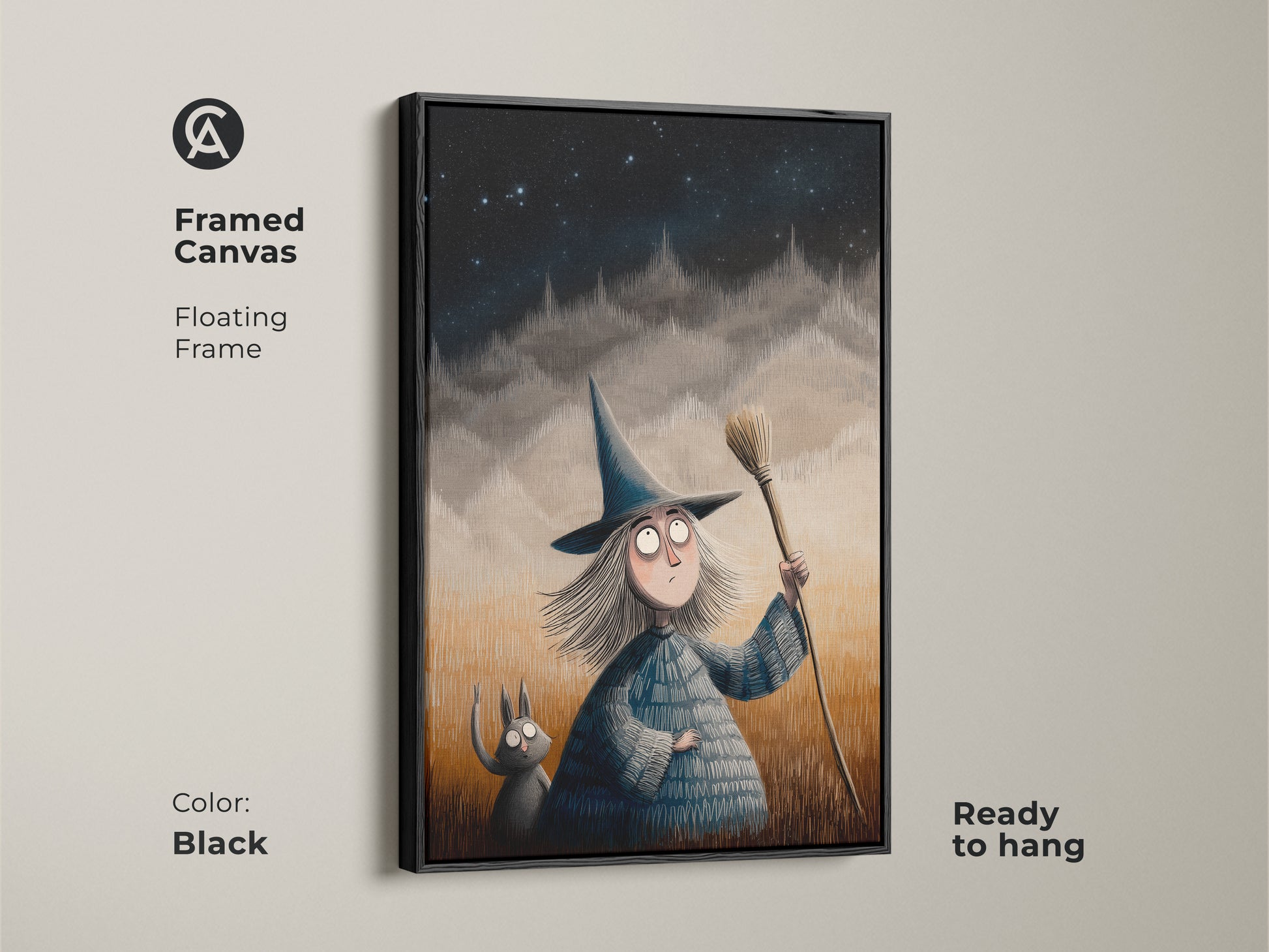 Black framed canvas of a whimsical witch and cat art. Floating frame spooky cute illustration is ready to hang. Perfect Halloween themed decor for a kids room. Fantasy artwork brings magic to eclectic homes.