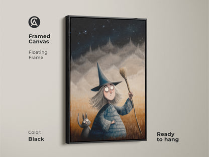 Black framed canvas of a whimsical witch and cat art. Floating frame spooky cute illustration is ready to hang. Perfect Halloween themed decor for a kids room. Fantasy artwork brings magic to eclectic homes.