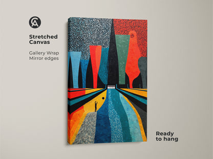 A ready to hang stretched canvas. This Mid-Century Modern bowling alley art features gallery wrapped mirror edges. The abstract art print with Orange Yellow and Teal colors enhances any room. It is retro wall decor and a unique gift idea. Perfect for a game room
