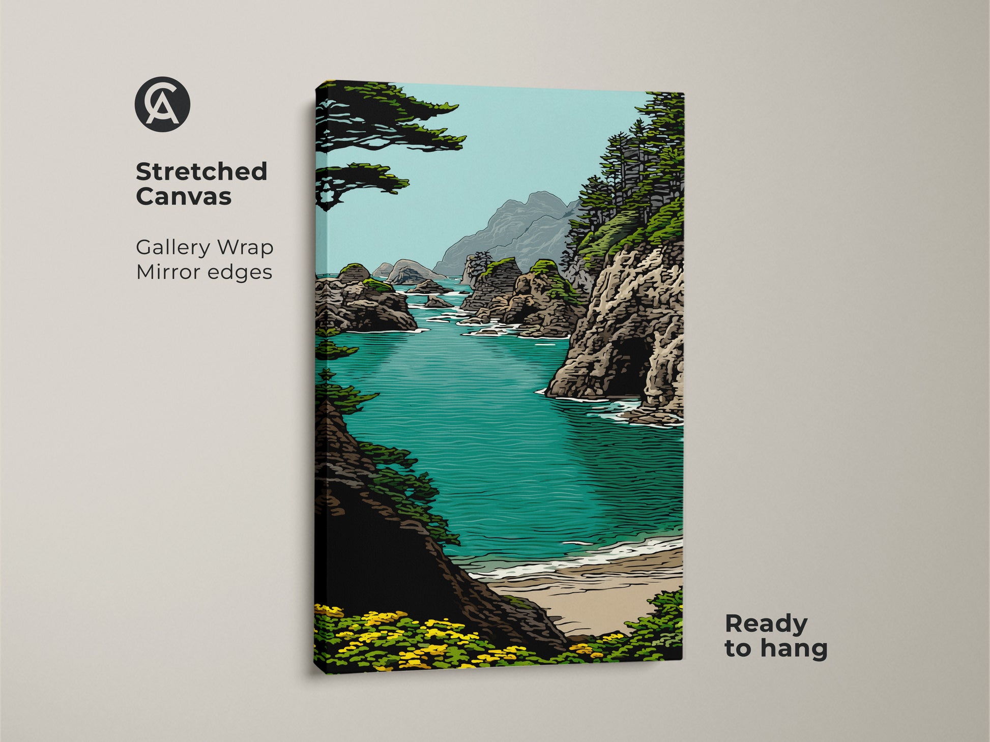 Stretched canvas of turquoise ocean cliff wall art ready to hang. Gallery wrapped with mirrored edges. This illustrative art print ocean highlights green rocky cliffs. Perfect beach house wall decor print.
