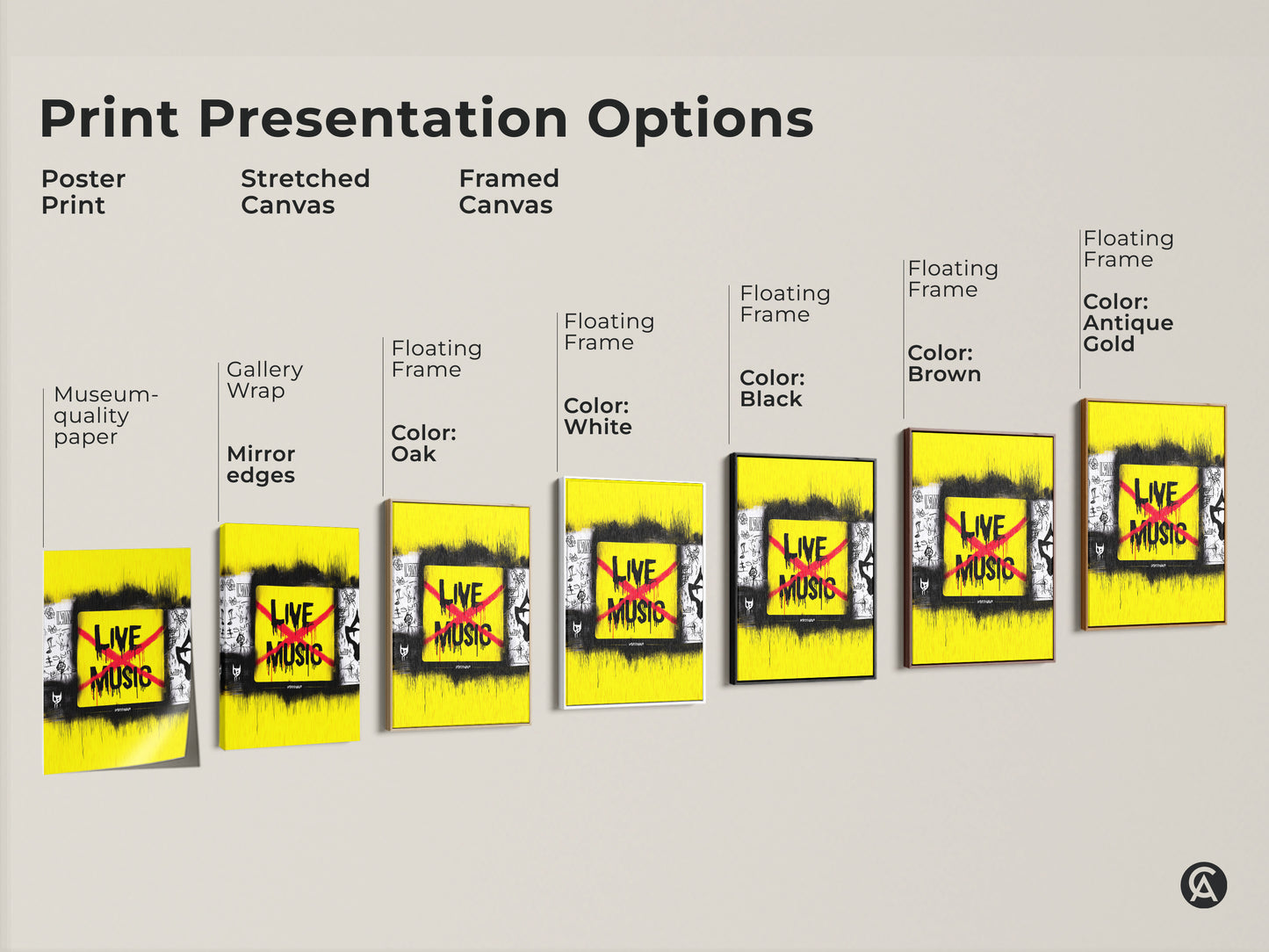Explore print options for live music art. Choose from poster prints stretched canvases or framed canvases with floating frames. This yellow and black urban art suits any eclectic space.