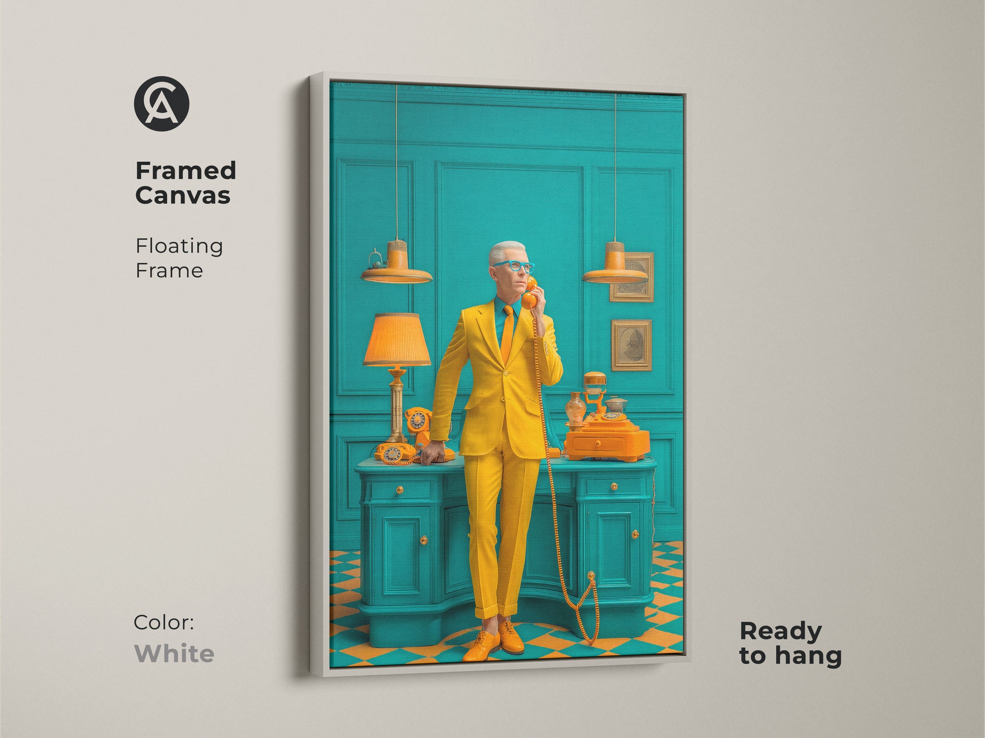 Framed canvas with a floating white frame. The artwork showcases a man in a yellow suit in a teal room. The white frame provides a clean and modern look. This ready-to-hang piece is perfect for minimalist homes. Elevate your decor with our art prints