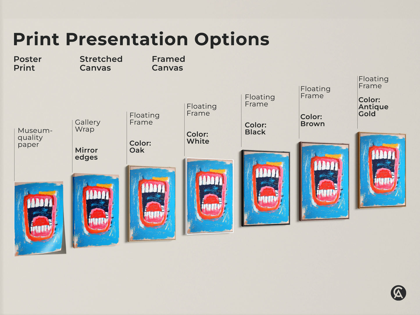 Explore presentation options for the mouth artwork. Choose from poster prints stretched canvas and framed canvas. Customize with floating frame colors like white black brown oak and antique gold. Perfect for any art lover.