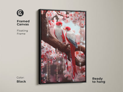 Black framed canvas features lovebirds in a cherry blossom tree. The red and white birds are accented by hanging crystals. This romantic couple gift is ready to hang. The botanical bird artwork enhances bedroom decor.