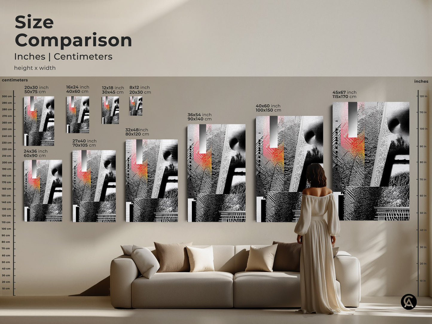 Size Comparison of a Glitch Art piece in various dimensions. The abstract geometric face collage features black white and red tones. This mixed media wall art is ideal for modern offices or living rooms. It's a visually striking abstract print.