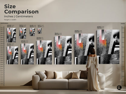 Size Comparison of a Glitch Art piece in various dimensions. The abstract geometric face collage features black white and red tones. This mixed media wall art is ideal for modern offices or living rooms. It's a visually striking abstract print.